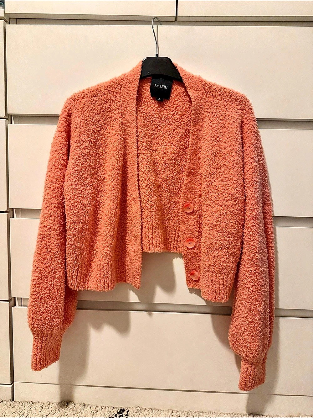 Le Ore Fuzzy Cropped Button Cardigan in Coral - Size Small